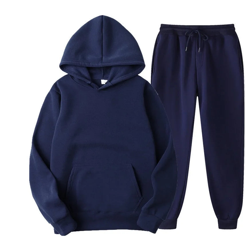 Men's autumn winter casual tracksuit polyester solid color with drawstring pants and O-neck collar