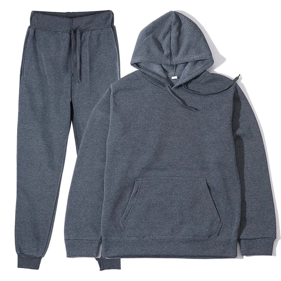 Men's casual autumn and winter polyester tracksuit with O-neck and drawstring pants