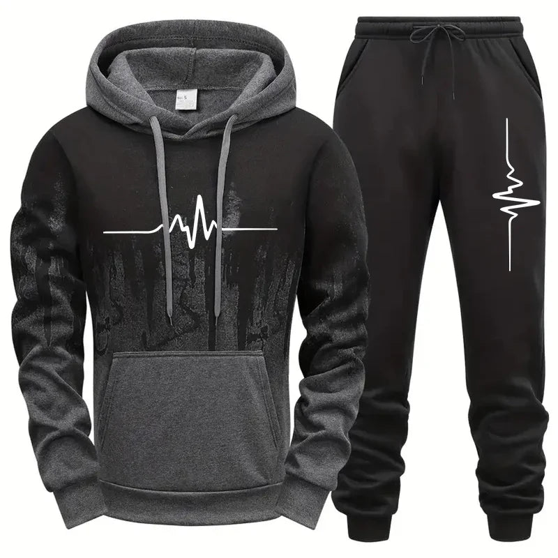 Men's casual polyester tracksuit with geometric pattern and drawstring pants for autumn and winter