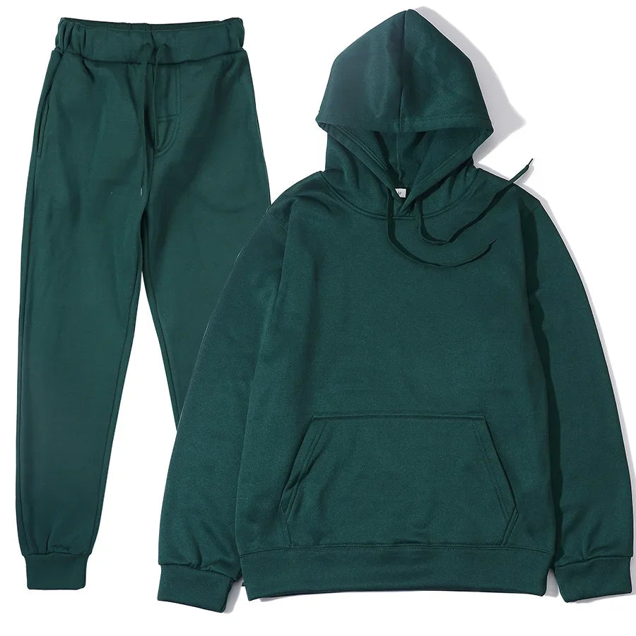 Men's casual autumn and winter solid polyester tracksuit with drawstring pants and O-neck collar