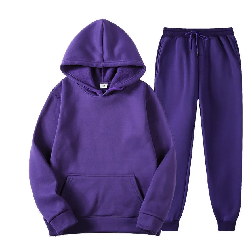 Men's casual solid polyester tracksuit for autumn and winter with O-neck and drawstring pants
