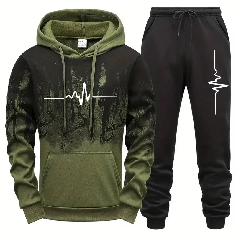 Men's casual polyester tracksuit with geometric pattern and drawstring pants
