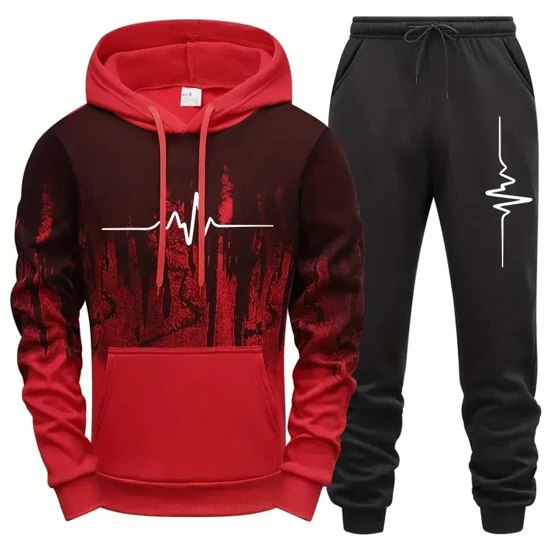 Men's casual tracksuit with geometric pattern and drawstring pants in polyester for autumn and winter