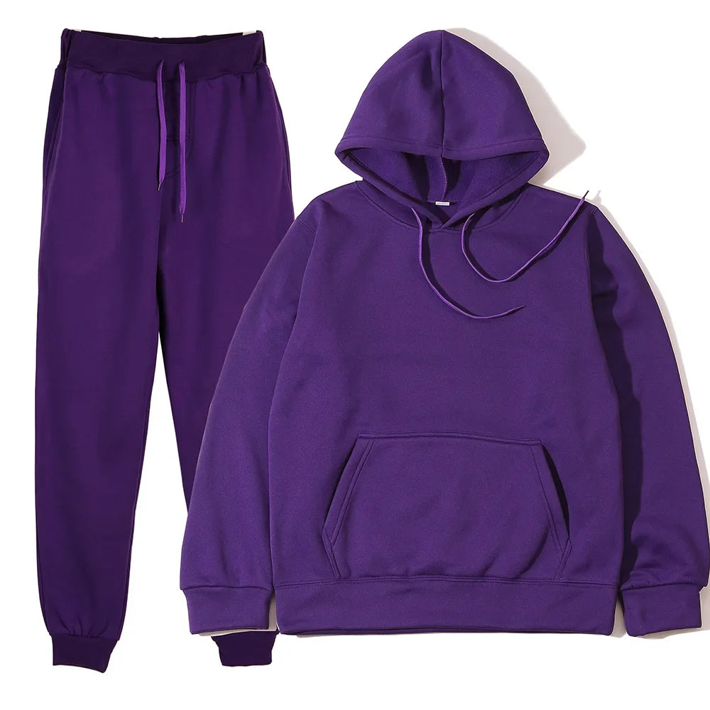 Men's autumn and winter casual polyester tracksuit with O-neck and drawstring pants