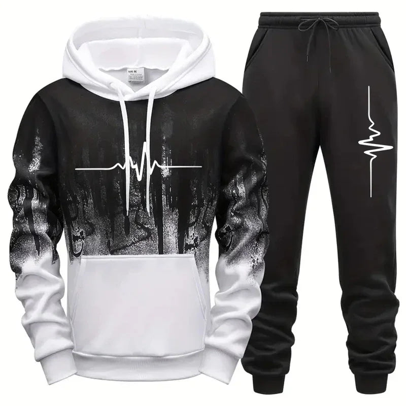 Men's casual polyester tracksuit with geometric pattern and drawstring pants for autumn and winter